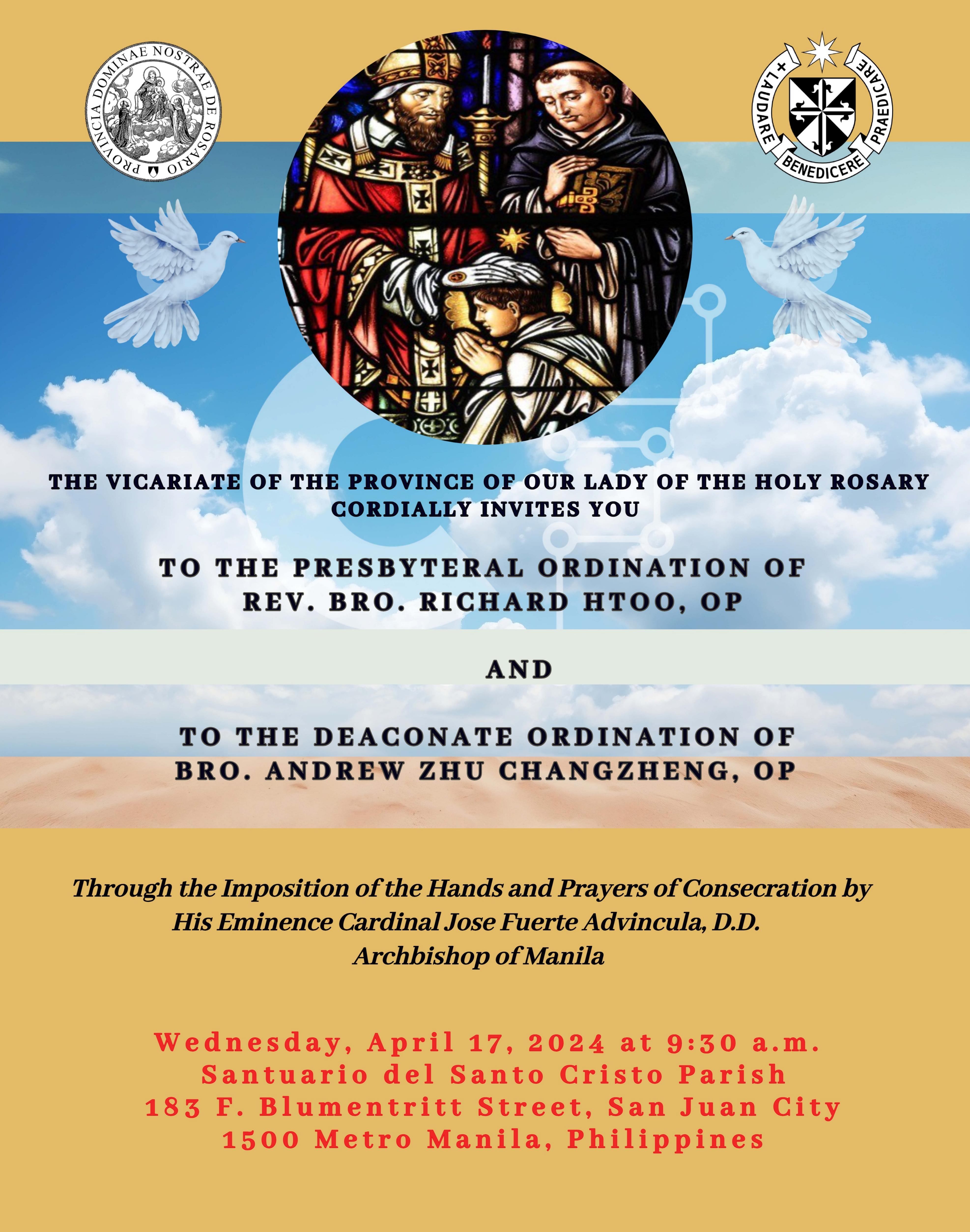 Tarjeta de invitación para las ordenaciones de los hermanos en Filipinas